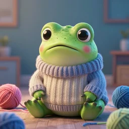super cute sad 🐸 made out of sweaters and yarn octane rendering vivid cinematic lighting 4k