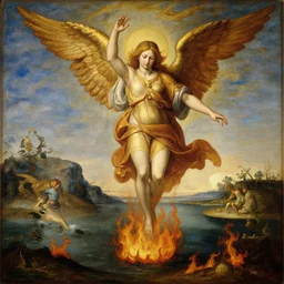 golden archangel flying above a lake of fire, renaissance oil painting