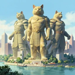 A beautiful illustration of a River city with by massive statues of anthropomorphic Feline warriors by Robert McCall and Ralph McQuarrie | sparth:.2 | Time white:.2 | Rodney Matthews:.2 | Graphic Novel, Visual Novel, Colored Pencil, Comic Book:.5 | unreal engine:.6 | establishing shot:.7