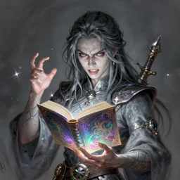 character concept portrait of an attractive young angered Spanish wizard with pale grey skin enchanting a death spell, a floating iridescent spell book in the center, intricate, elegant, digital painting, concept art, smooth, sharp focus, illustration, from Metal Gear, by Ruan Jia and Mandy Jurgens and William-Adolphe Bouguereau, Artgerm