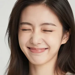 headshot of a smiling attractive chinese woman making funny faces, soft focus, 5 0 mm, studio lighting