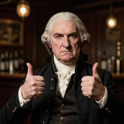 an angry george washington with his thumbs up. dimly lit bar background. editorial photography