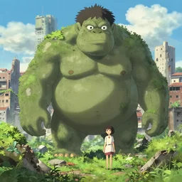 a giant troll in city ruins overtaken by vegetation in anime style highly detailed by makoto Shinkai and Raphael Lacoste