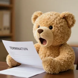 teddy bear looking at his termination letter, screaming at it in silence,