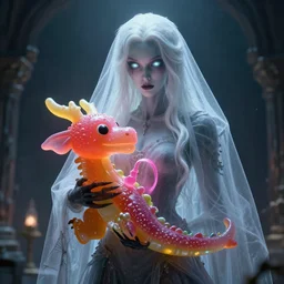 by wesley burt and basil gogos, visually stunning, cinematic, ultra realistic, hyper realism, 1 2 k, epic, octane render, unreal engine, vfx, maya, incorrupt ghostly figure wearing a veil and glowing eyes : sugary toy dragon, malefic woman with long white hair holding a pink object : baseborn