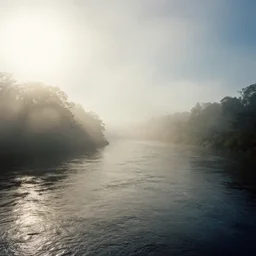 landscape with river, surrealism, beautiful light, HDR, hazy, foggy, atmospheric perspective, volumetric fog, cinematic, 35mm lens, anamorphic lens flare, photographic, cinematography by roger deakins, in the style of ansel adams, low details,