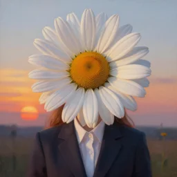 giant daisy flower face, frontal, girl in a suit, surreal photography, sunrise, dramatic light, impressionist painting, digital painting, artstation, simon stalenhag