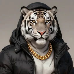 a beautfiul award winning aesthetic commission of an antrho albino tiger wearing a black padded hooded puffer jacket,golden cahin around the neck,digital art,art by artgerm,character design by charles bowater,ross tran,photorealistic,detailed face,hyperdetailed,western comic,2021,artstation,deviantart