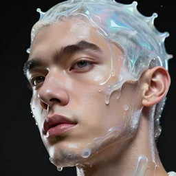 fluid extreme close up of gorgeous hyperrealistic male head melts like iridescent ice cream, digital art masterpiece, highly detailed neo pop surrealism, jason limon kay sage hannah yata, dramatic lighting, low angle, uhd 8 k, sharp focus