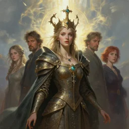 saproling queen with counsel of earths majesty, light kingdom backdrop, windy, d & d, fantasy, portrait, highly detailed, digital painting, trending on artstation, concept art, sharp focus, illustration, art by artgerm and kenneth noland and greg rutkowski and magali villeneuve