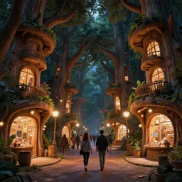 two people walk down crowded street between futuristic giant wooden tree trunk buildings, organic wooded shops, solarpunk, organic bioluminescent street lights, dark forest canopy understory, cinematic lighting, night time, octane render, 3 d pixar disney digital cgi rtx hdr painting, highly detailed, artstation cgsociety masterpiece, by syd mead, greg rutkowski, wlop, artger