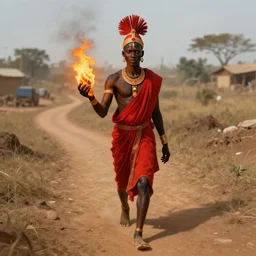 the african god of streets and paths who transits between the earth and the sky esu, orisha esu wearing red and black, with fire in his right hand | deep focus, high angle, highly detailed, digital art, digital painting, concept art, illustration