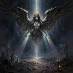 an intricate matte painting of A celestial path opens up to the 8-winged death angel wearing an intricate tiara , highly detailed creepily dimly lit exterior with shafts of iridescent light bouncing off magical realms, by Christophe Vacher and Bastien Lecouffe-Deharme, trending on artstation