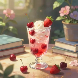 cherry cold drink, ice cream, strawberry embellishment, books and flowers, trending on studio ghibli, dreamy, soft, global illumination, radiant light, intricate environment, luminescence, highly detailed, 8 k