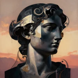 epic concept art. abstract female face silhouette mixing with black and color liquid fluid. abstract sculpture. art deco swirls. masterpiece, michelangelo. concept art, matte painting. greg rutkowski, wlop, victo ngai, kandinski, film still, cinematic, poster. magic hour