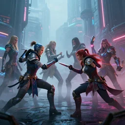 hyperrealism fantasy characters fight scene concept portrait, digital art, wallpaper of an fantasy fight, background of sci fi city in fog, diffused lighting, neon ambient lighting, by laura zalenga and aleksi briclot, 8 k dop dof hdr, vibrant