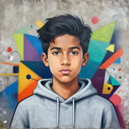 symmetry!! portrait of a tan boy with black hair and gray hoodie by sachin teng, organic, cables, matte painting, geometric shapes, hard edges! graffiti, street art