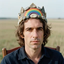 closeup portrait of a man with a crown made of stones and rainbows, sitting in a chair in an empty field, by Annie Leibovitz and Steve McCurry, natural light, detailed face, CANON Eos C300, ƒ1.8, 35mm, 8K, medium-format print