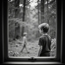 looking from window house, forest, walking boy, pinhole analogue photo quality, monochrome, blur, unfocus, cinematic, 35mm