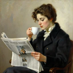attractive woman drinking coffee and reading newspaper, painting by gaston bussiere, craig mullins