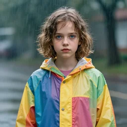 a sixteen year old girl with short wavy curly light brown hair and blue eyes wearing a colorful raincoat in the rain. by artgerm and greg rutkowski and ilya kuvshinov