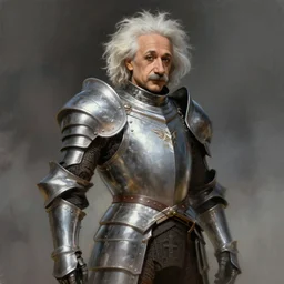 a beautiful illustration of einstein in a knight's armor, by greg rutkowski, brush strokes, dramatic composition, paladin, shiny armor, volumetric fog, fantasy art, featured on artstation, world of warcraft cinematic