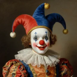 baroque rococo painting Royal Jester clown male Hildebrandt Lisa Frank high detail cute adorable whimsical up close clown jester hat