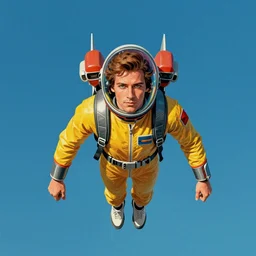 portrait of a man flying a jetpack!! symmetry, top view, retro 8 0 s style, colourful, accurate, realistic illustration, art by peter elson,