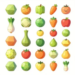 game asset sheet, 2 d sprite, vegetables and fruits all in platonic solid shapes material study