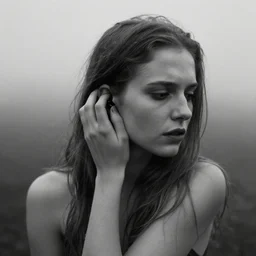 award winning photo of some regret as antonioni would depict it, she is 2 3, skinny and beautiful and listens to oathbreaker, she is full of hatred, photo, black and white, the background is blurry, insanely detailed, closeup, romantic and ethereal, foggy like in norwegian black metal aesthetic