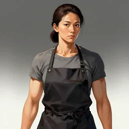 portrait of a short muscular middle aged Japanese woman with a short ponytail wearing a gray t shirt and a work apron, dramatic lighting, illustration by Greg rutkowski, yoji shinkawa, 4k, digital art, concept art, trending on artstation
