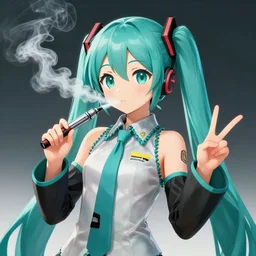 hatsune miku smoking a vape pen in her right hand and holding up a peace sign in her left hand, smoke coming out of her mouth, artstation, 4 k