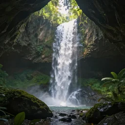 jungle cave waterfall sun rays, volumetric lighting, rtx on, an award winning digital render, beautiful, ultradetailed, great composition, depth of field