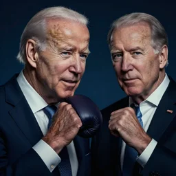 portrait photo of joe biden boxing mitch mcconnell, dim studio lighting, ( ( photograph ) ), moody, realistic, detailed, low light, skin tinted a warm tone, light blue filter