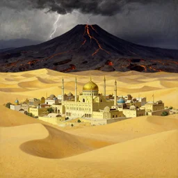 between desert and mountain, city, islamic architecture, gold desert, dark mountain with lava, thunderstorm, fantasy, art by joseph leyendecker, peter mohrbacher, ivan aivazovsky, ruan jia, reza afshar, marc simonetti, alphonse mucha