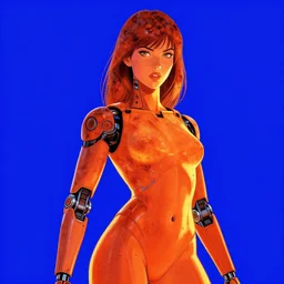 female android, rusty hair, glowing skin, prosthetic arm, strong line, bright vibrant color, beautiful! coherent! by frank frazetta, high contrast, minimalism
