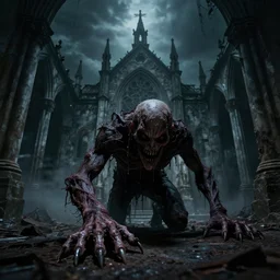 an sinister photo of creepy abomination crawling out of dark abandoned church, omnious atmosphere