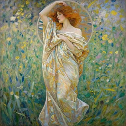 a girl in an artistic pose covered in silk intricate elegant cloths surrounded by beautiful meadows by monet, highly detailed digital by artgerm, wlop, by alphonse mucha painting _ - h _ 1 0 2 4