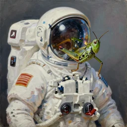 grasshoper astronaut, oil on canvas, intricate, portrait, 8 k highly professionally detailed, hdr, cgsociety
