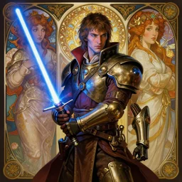 a steampunk dieselpunk jedi holding a lightsaber, fantasy, intricate, elegant, highly detailed, colorful, vivid color, digital painting, artstation, concept art, art by artgerm and greg rutkowski and alphonse mucha and ruan jia