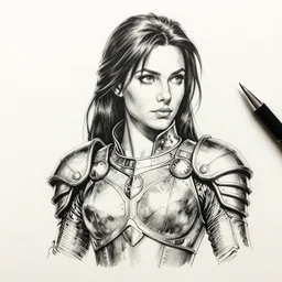 pen and ink portrait of anne curtis as darna wearing battle armor looking for camera, styled by john howe and allan lee, glamorous pose, fantastically fierce, highly detailed, desaturated colors, smooth, intricate line drawings, by craig mullins, ruan jia, kentaro miura, greg rutkowski, loundraw