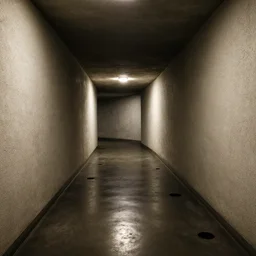underground liminal space, stucco walls, shiny floors, never ending chasm, dark corners, holes in the floor and ceiling