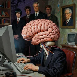 realistic detailed image of a human brain connected with wires and cords to a computer from 9 0 s in an old dirty soviet apartment by ayami kojima, amano, karol bak, greg hildebrandt, and mark brooks, neo - gothic, gothic, rich deep colors. beksinski painting, from a movie by david cronenberg. part by adrian ghenie and gerhard richter