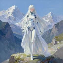 gouache, ethereal cybernetic princess in the mountains, extremely detailed, sharp focus, wide view, full body shot, smooth, digital illustration, by lisa perrin!!!!, dan mumford, james jean, by rossdraws, frank franzzeta, sakimichan