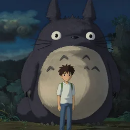 guy with a mysteruous creature made by studio ghibli ( in the night ), 8 k, high details, high quality, beautiful scene, smooth