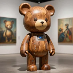 8 k octane render sculpture photorealistic beautiful character wooden design, art toys collectible figurine, mascot very cute bear robot cyberpunk, contemporary art gallery in background concept art cgsociety by sandra chevrier laurie greasley gustave dore ron english