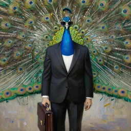 a portrait of a humanoid peacock, wearing sun glasses, wearing tuxedo, carrying a briefcase, oil painting