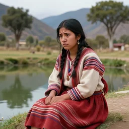 prompt Young Woman, wearing Inka clothes, sad expression, sitting at a pond, mountainous area, trees in the background, digital art