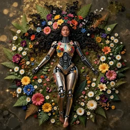 a beautiful intricate fine art portrait photo of an indian cyborg with bionic implants, epic curly hair spread out around her lined with beautiful colorful flowers and ferns, lying on a bed of daisies, by natalie shau and james christensen, masterpiece!, top view, studio lighting, golden ratio composition, 3 5 mm lens, deep depth of field, artstation, 8 k