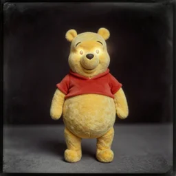 ( ( ( daguerreotype ) ) ) photograph of winnie the pooh with [ [ [ [ [ [ [ [ [ [ [ [ [ illuminated eyes, light coming out of his eyes, burning eyes ] ] ] ] ] ] ] ] ] ] ] ] ], standing in the middle of the room, black background